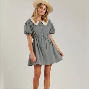 Rylee + Cru Gray Mini Dress with Cream Lace Collar